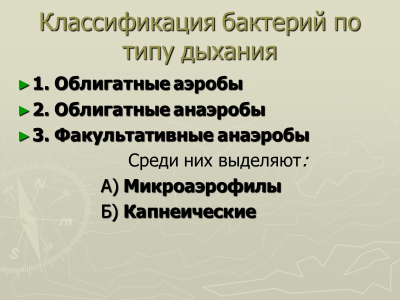 Классификация бактерий по типу дыхания 1. Облигатные аэробы  2. Облигатные анаэробы 3. Факультативные